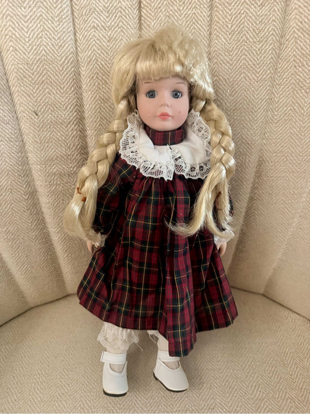Blonde Braided Porcelain-Style Doll in Red Plaid Dress-“Fiona’
